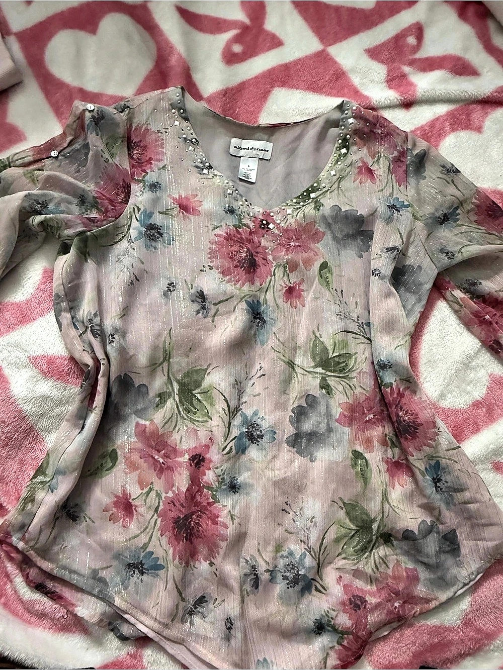 Alfred Dunner Floral Embellished Blouse in Pink Size Small